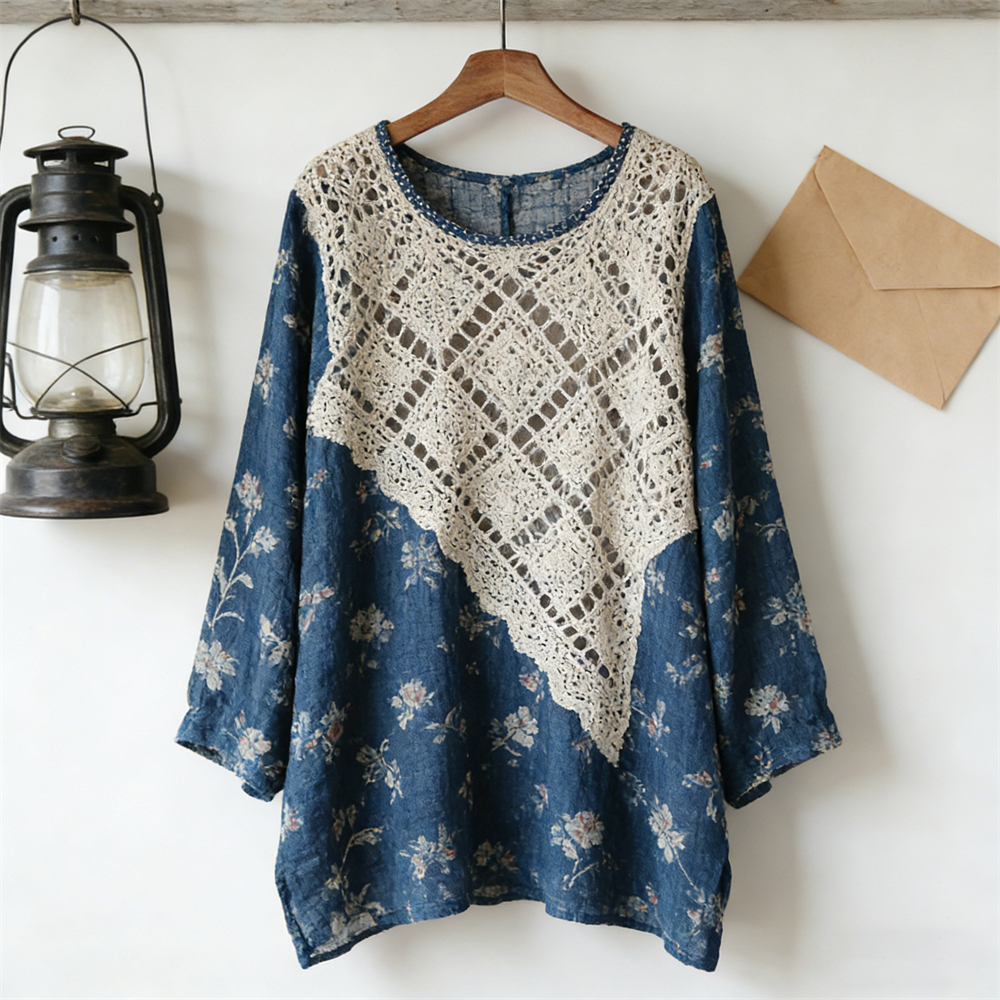 Vintage Lace Patchwork Floral Linen Women's Long Sleeve Shirt