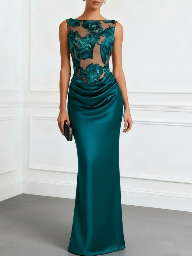 Cyan Jacquard Ruched Satin Boat Neck Sleeveless Sheath Floor-length Gown