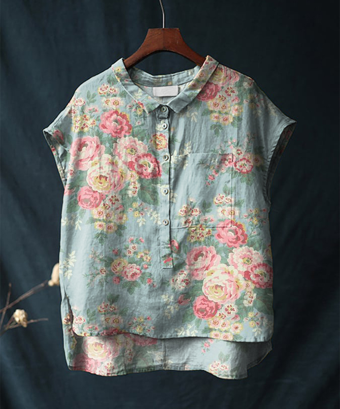 Vintage Floral Print Short-sleeved Cotton & Linen Shirt