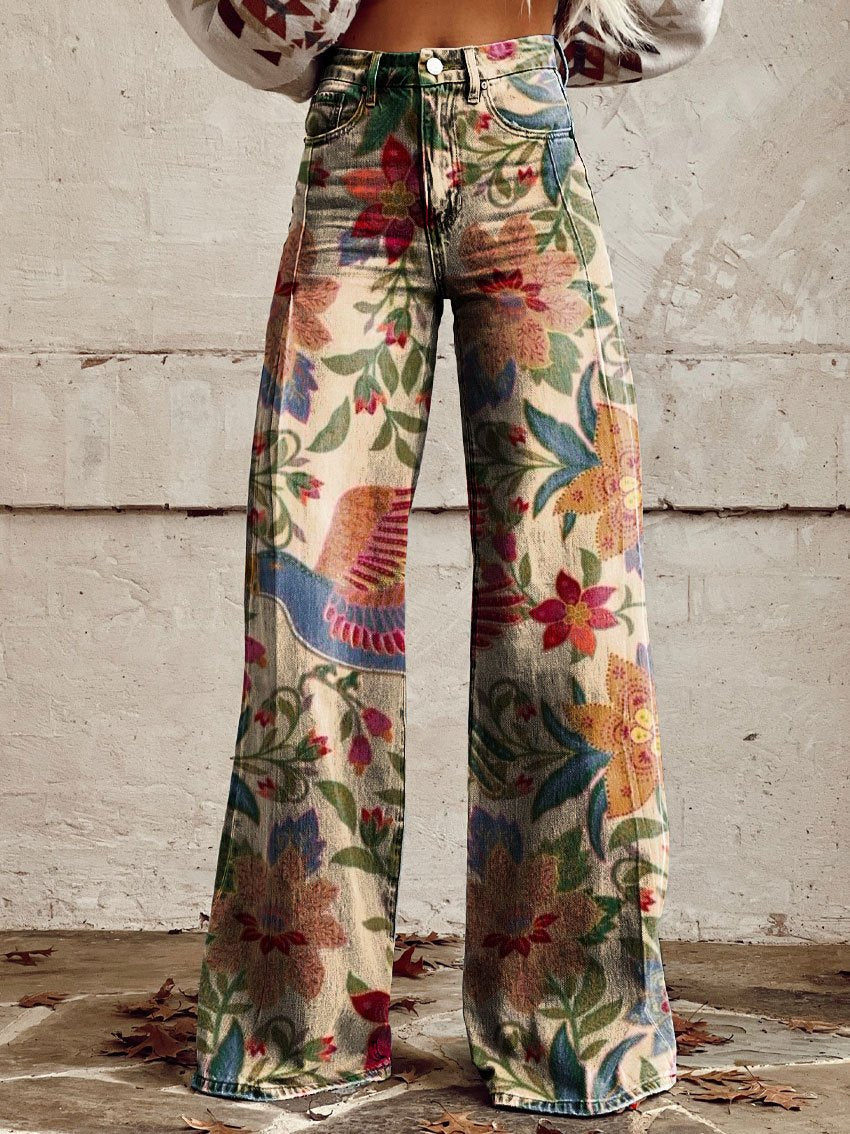 Vintage Print Casual Wide-Leg Pants