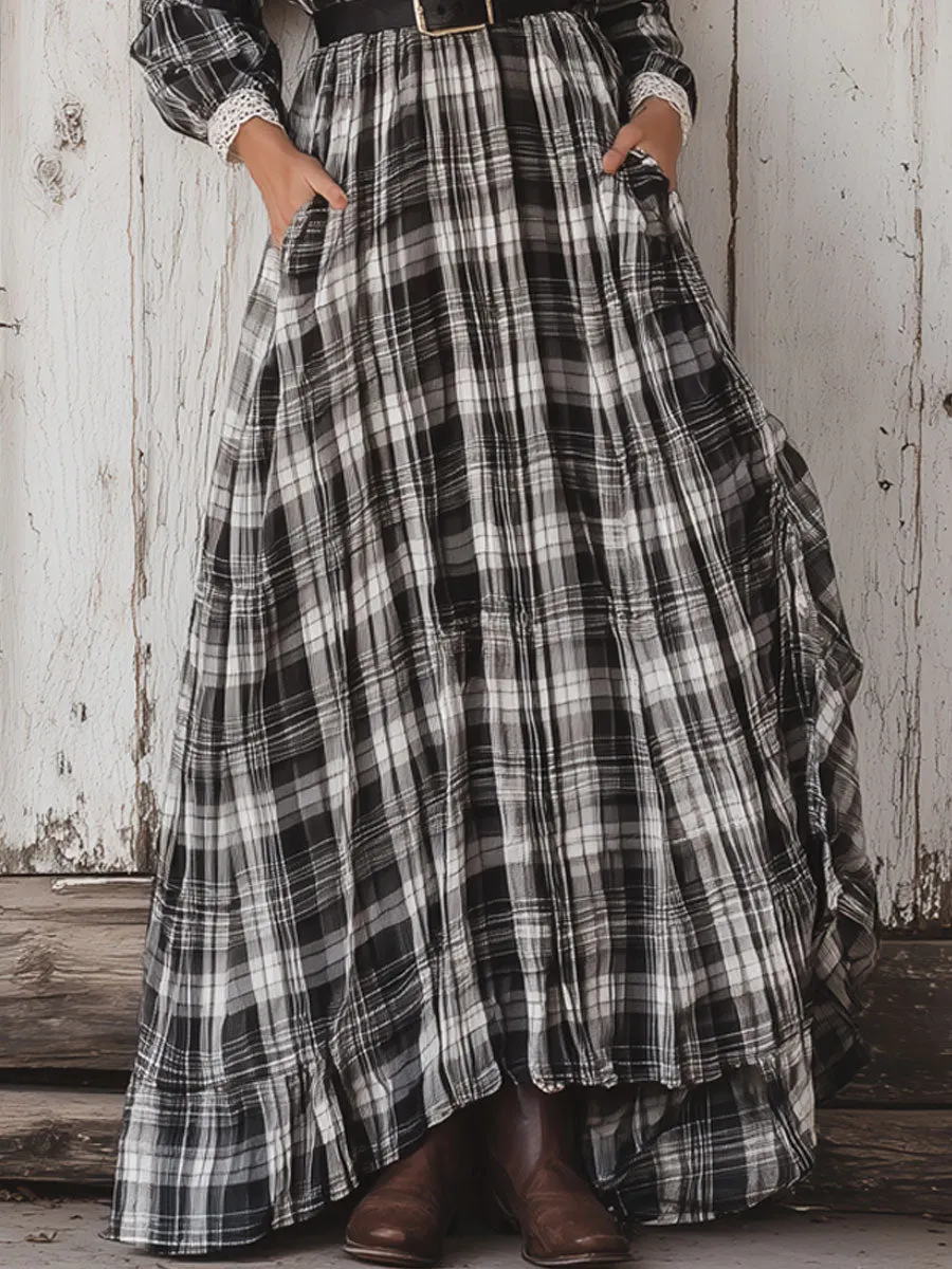 Western Retro Black And White Plaid Lace Long Sleeve Maxi Dress