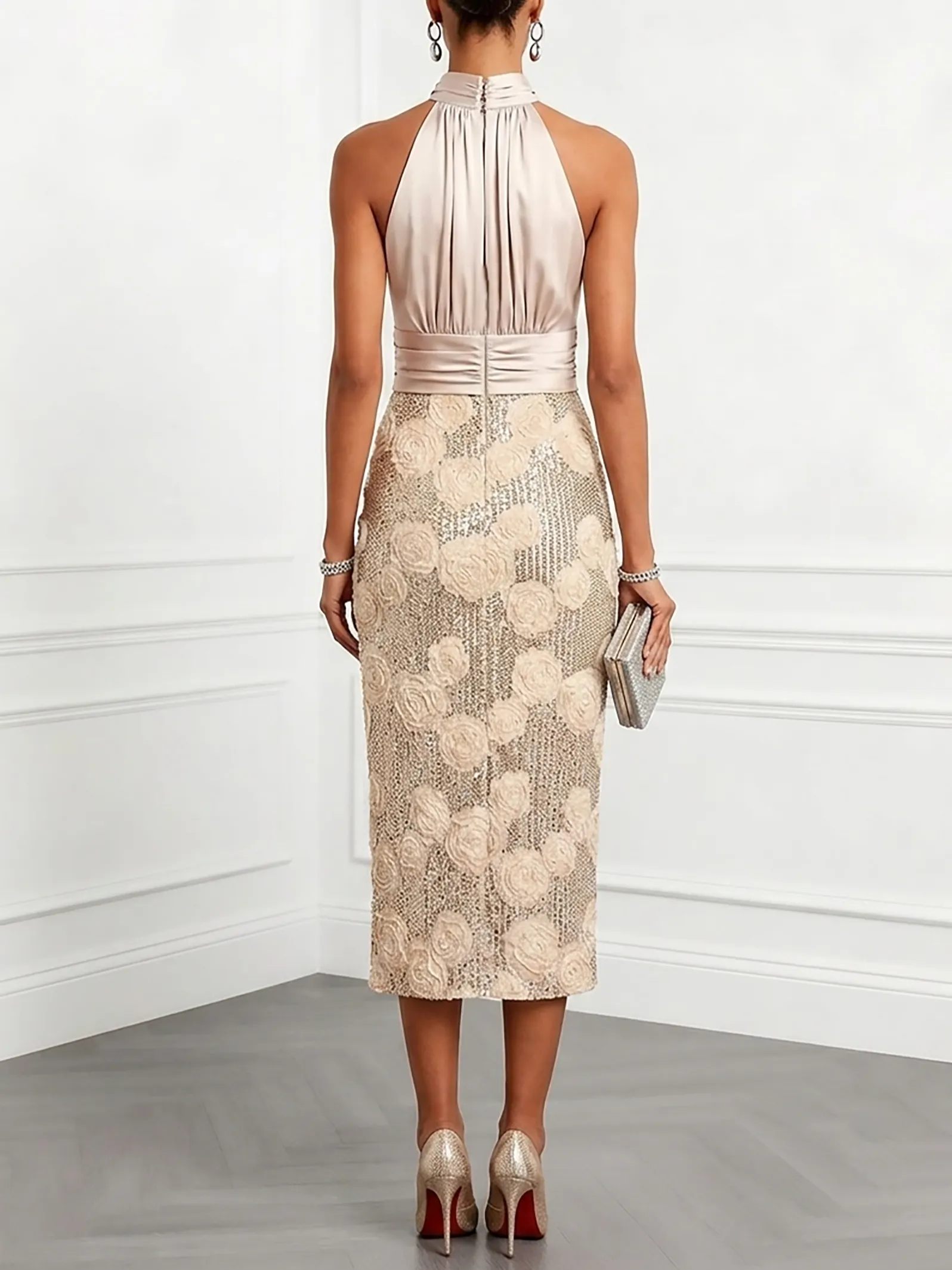 Champagne 3D Floral Glitter Classic Mock Neck Sleeveless Midi Dress