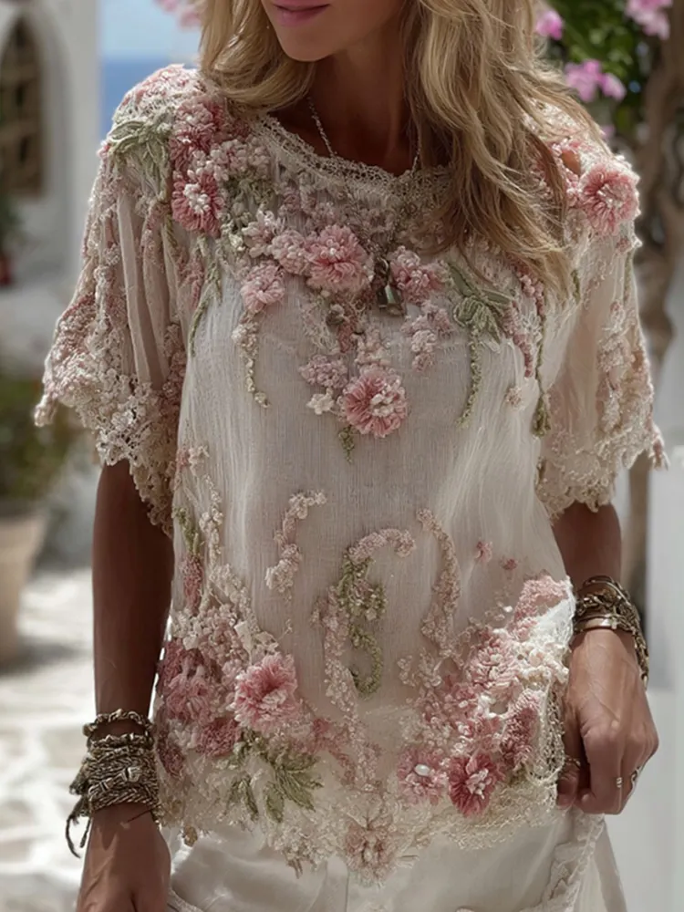 Women's Embroidered Floral Vine Short-sleeve Blend T-shirt