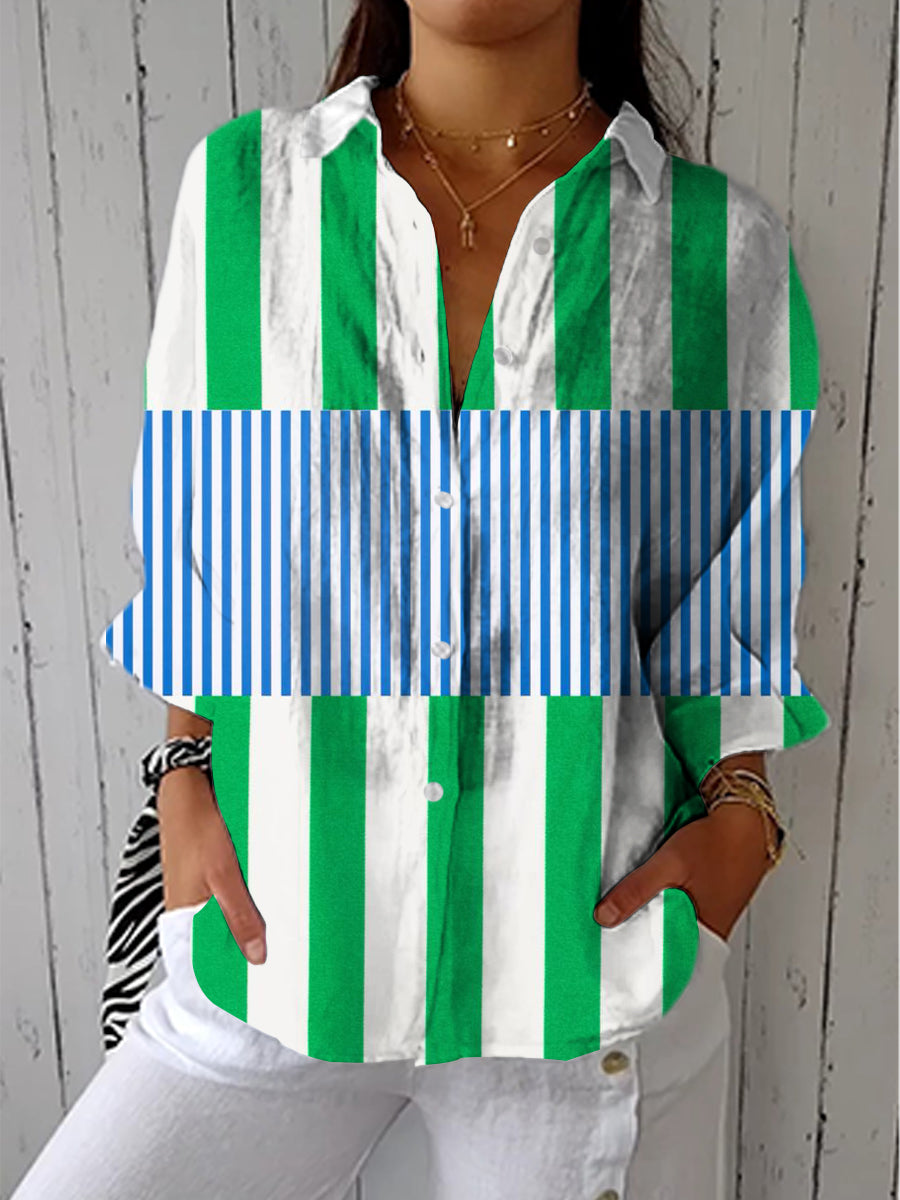 Art Green Blue Line Print Casual Linen V-neck Shirt