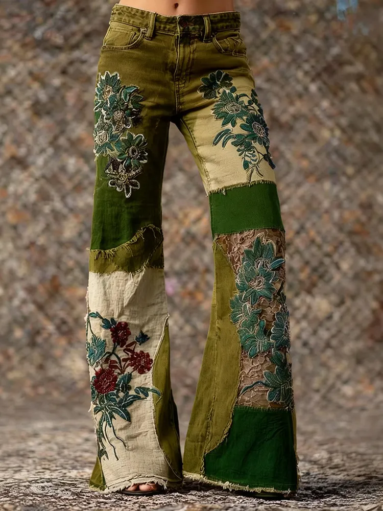 Retro Bohemian Floral Art Print Casual Pants