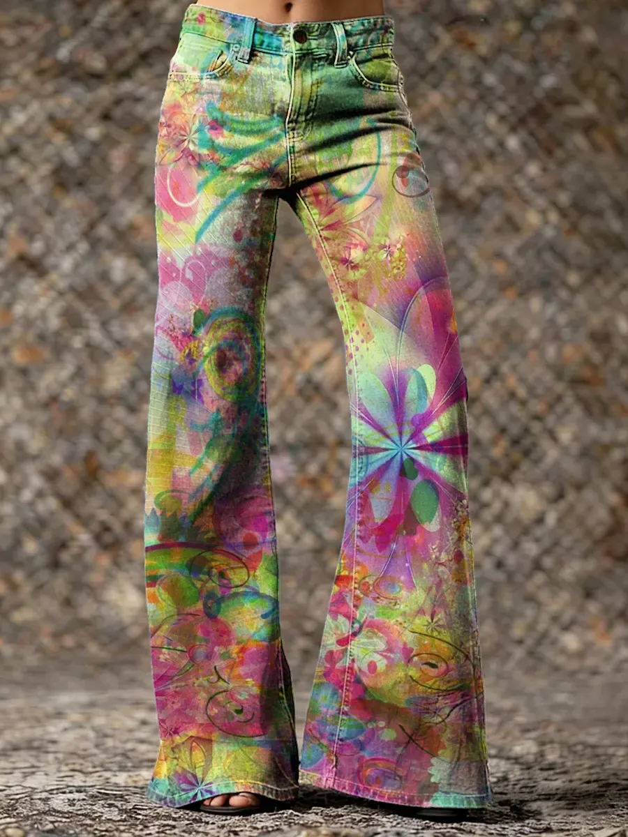 Vintage Pattern Art Print Casual Slim-fit Flared Pants