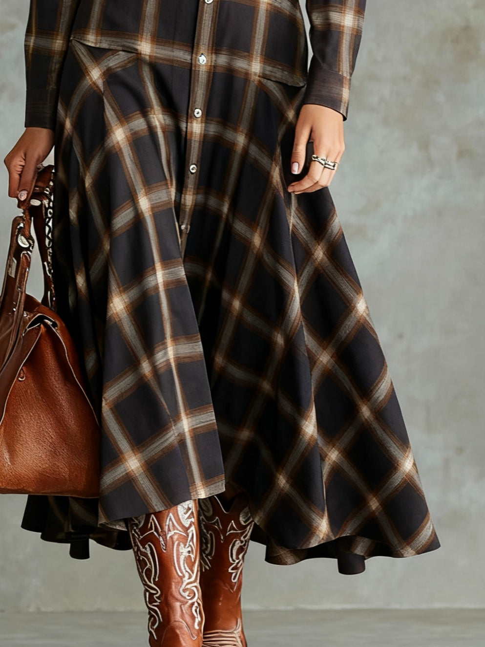 Vintage Dark Brown Plaid Single-breasted Button-down Shirt Dress