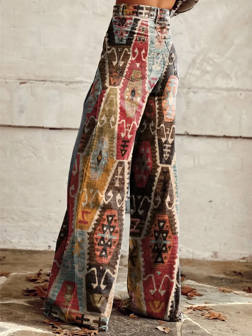 Vintage Print Casual Wide-Leg Pants