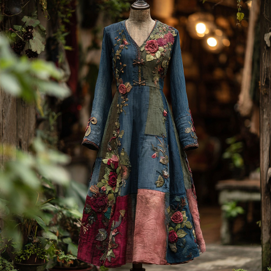 Women's Vintage Bohemian Floral Patchwork V-neck Long Dress