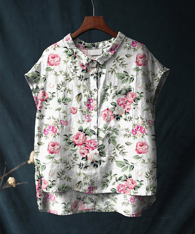 Vintage Rose Floral Print Short Sleeve Cotton & Linen Shirt