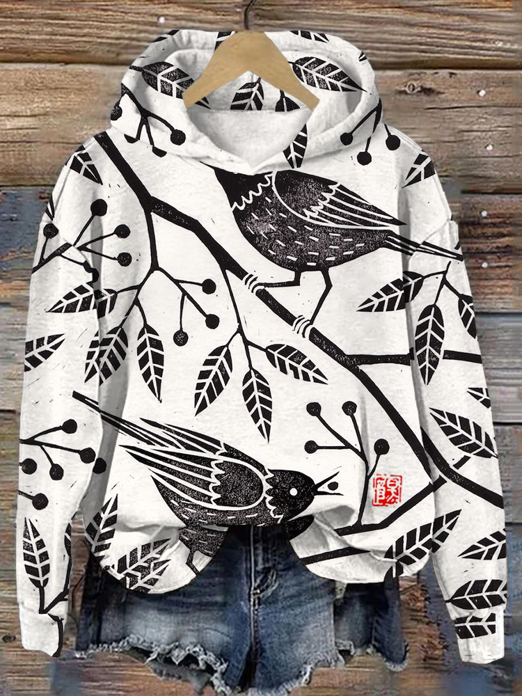Vintage Birds Lino Art Pattern Comfy Hoodie