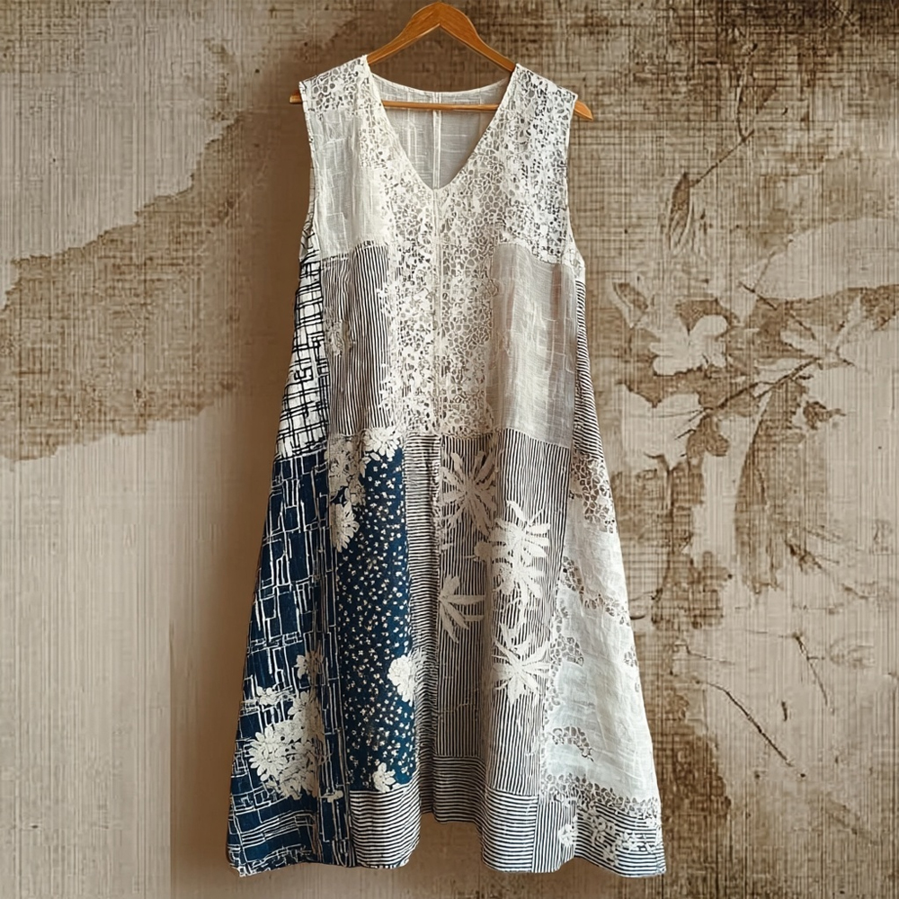 Vintage Japanese Patchwork Hollow Floral Lace Midi Tank Dress