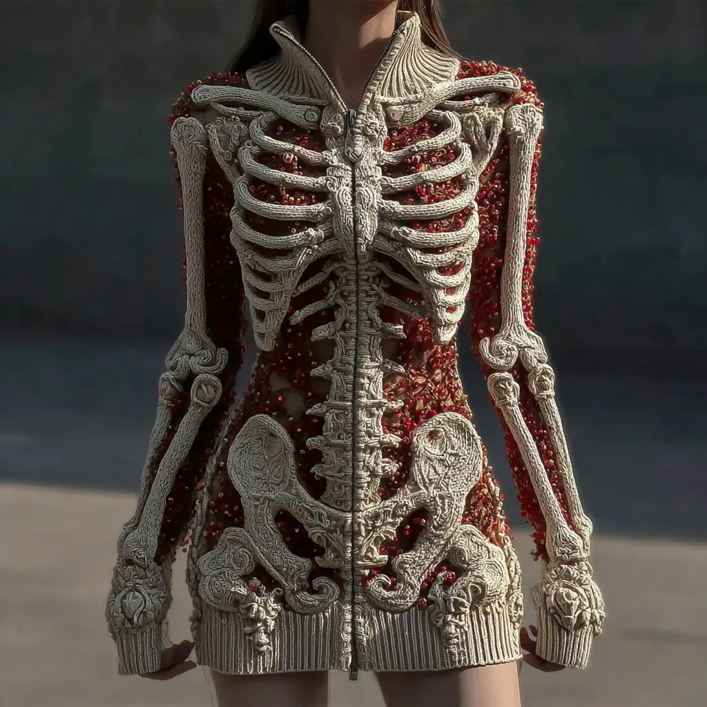 Women's Vintage Skull Sequin Art Cozy Zipper Sweater Cardigan
