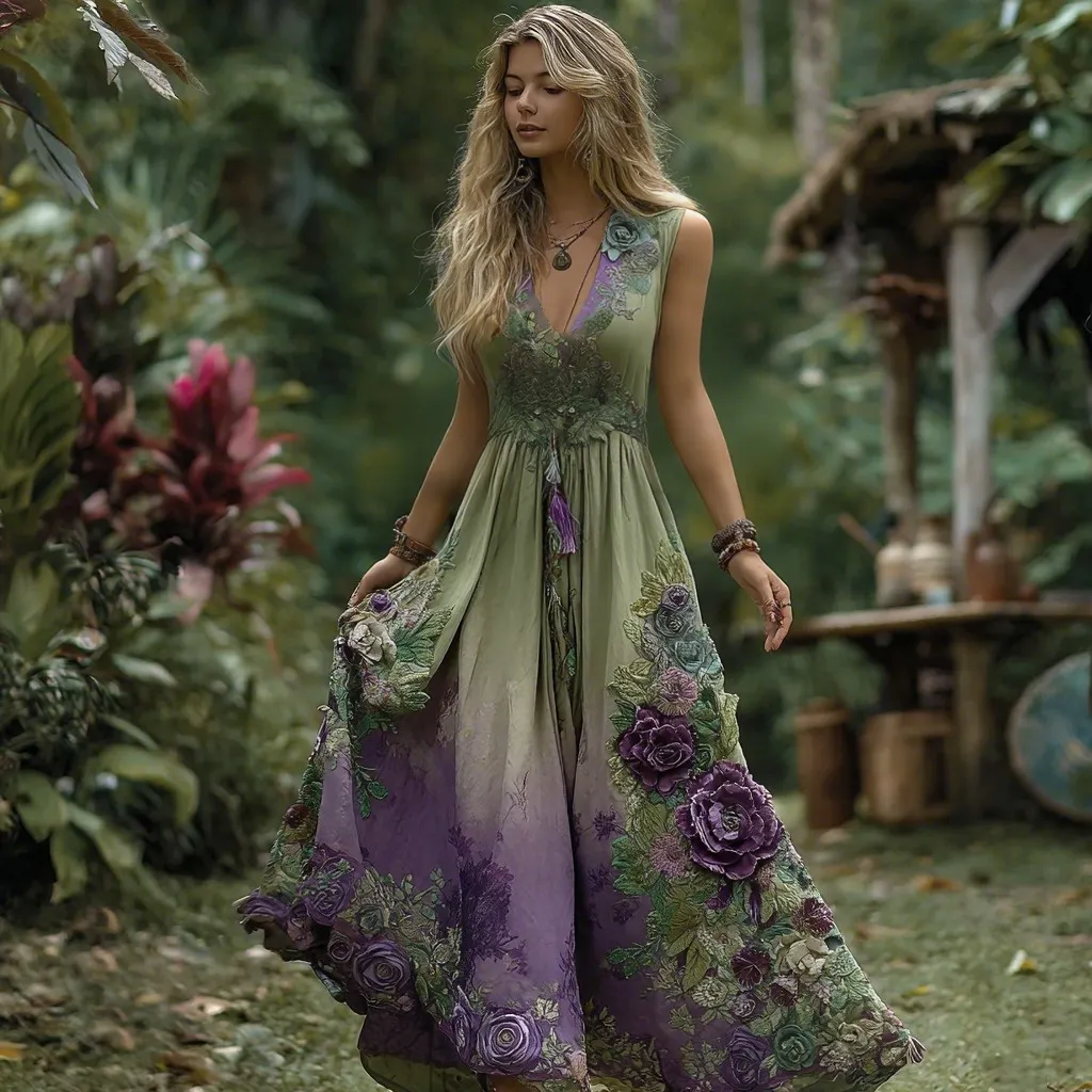 Vintage Purple Gilded Rose Embroidery Sleeveless V-neck Dress