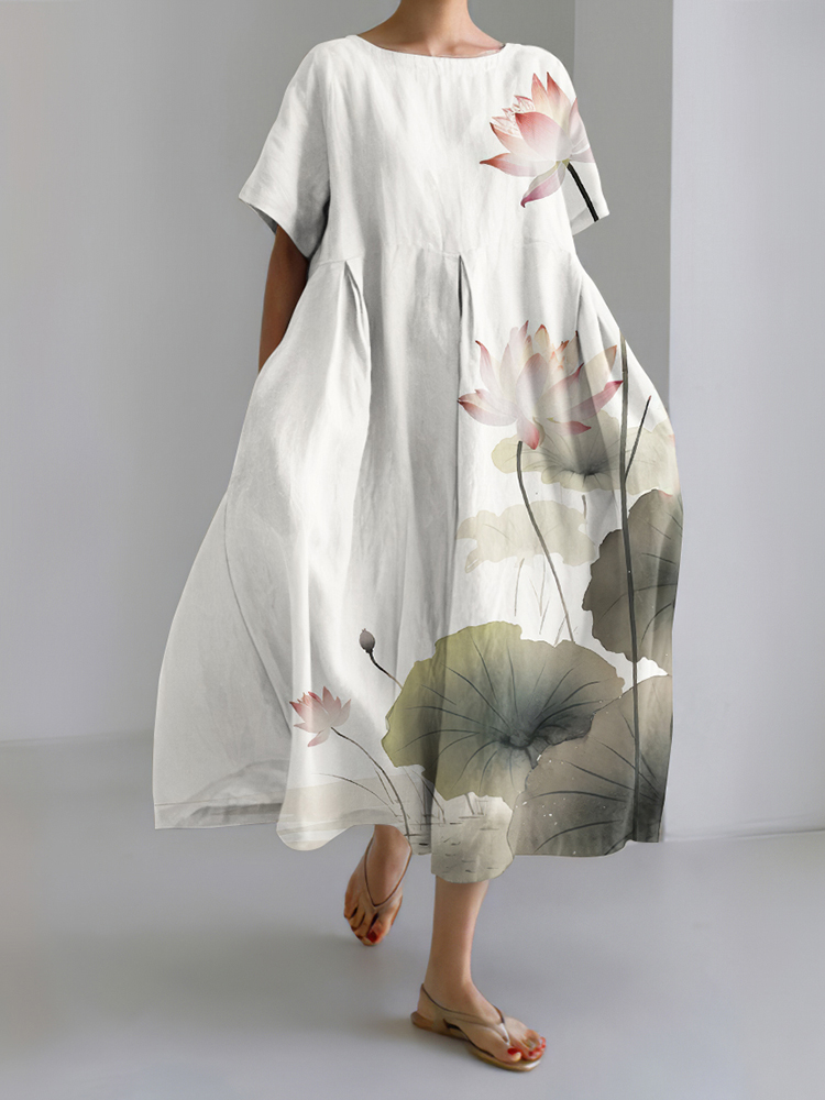 Japanese Art Lotus Print Midi Dress