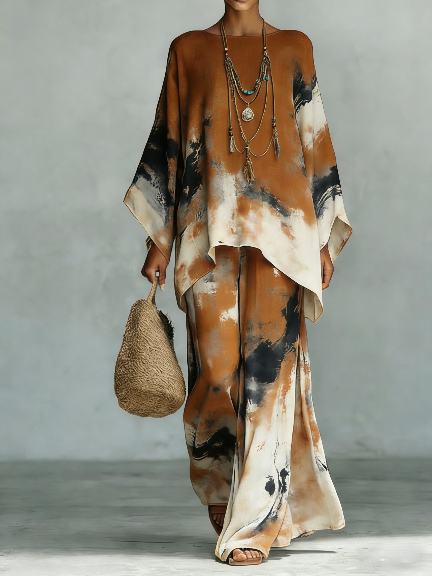 Comfortable & loose print pattern cotton & linen wide-leg pants two-piece set