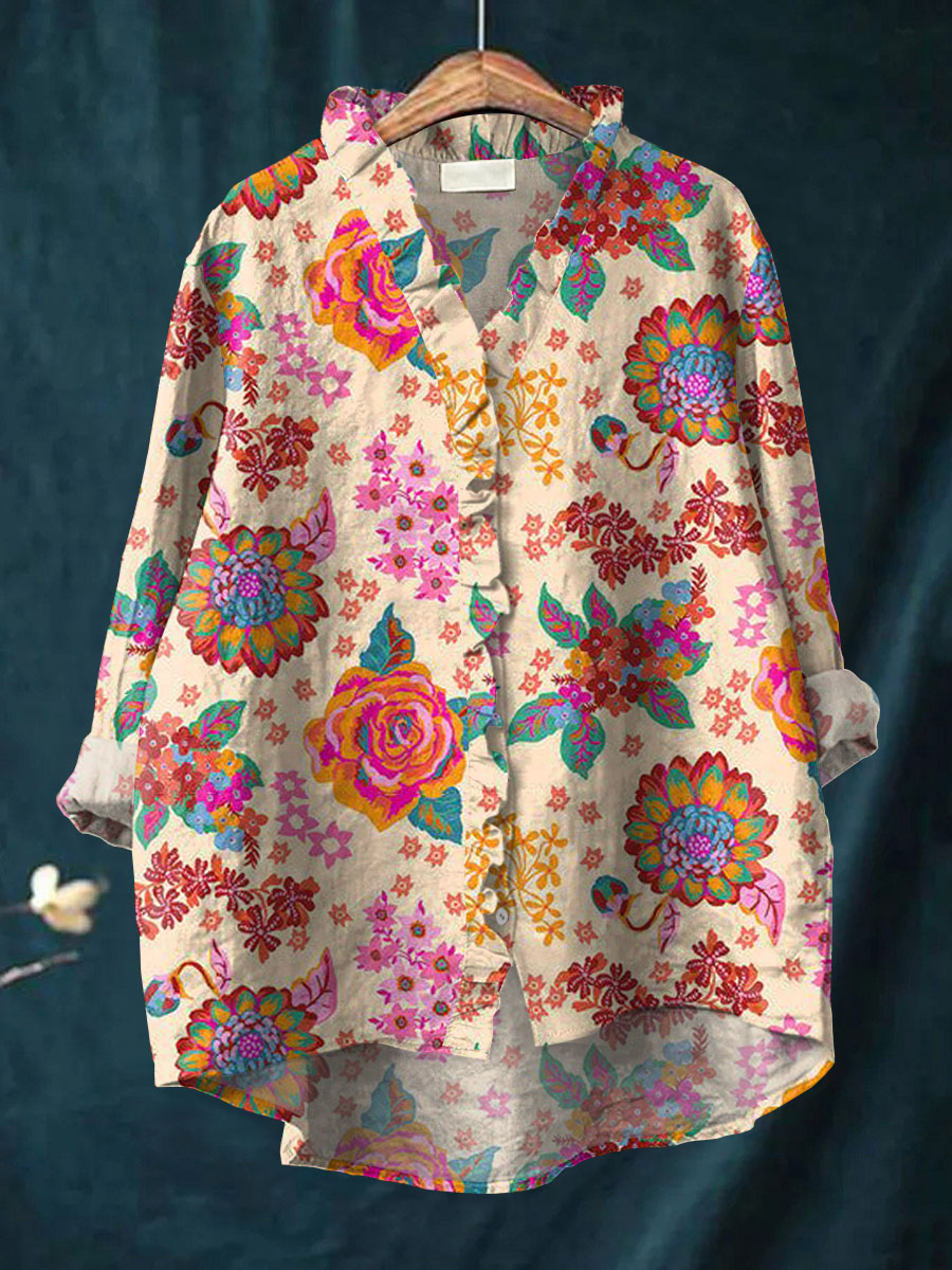Vintage Flowers Art Print Casual Cotton & Linen Ruffle Shirt