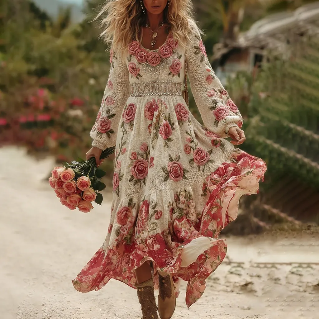 Women's Romantic Rose Embroidery Art Comfy Knitted Maxi Dress