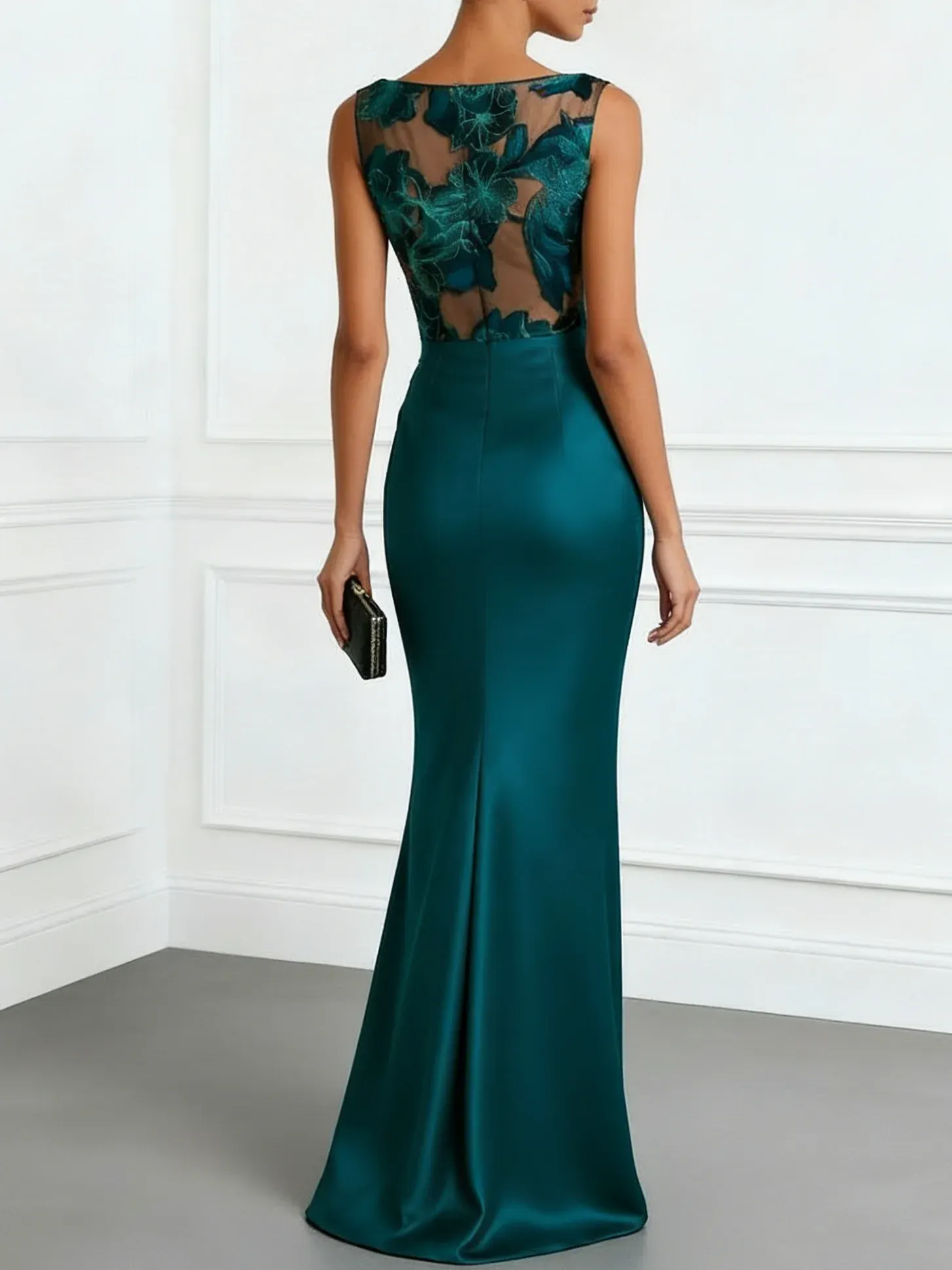 Cyan Jacquard Ruched Satin Boat Neck Sleeveless Sheath Floor-length Gown