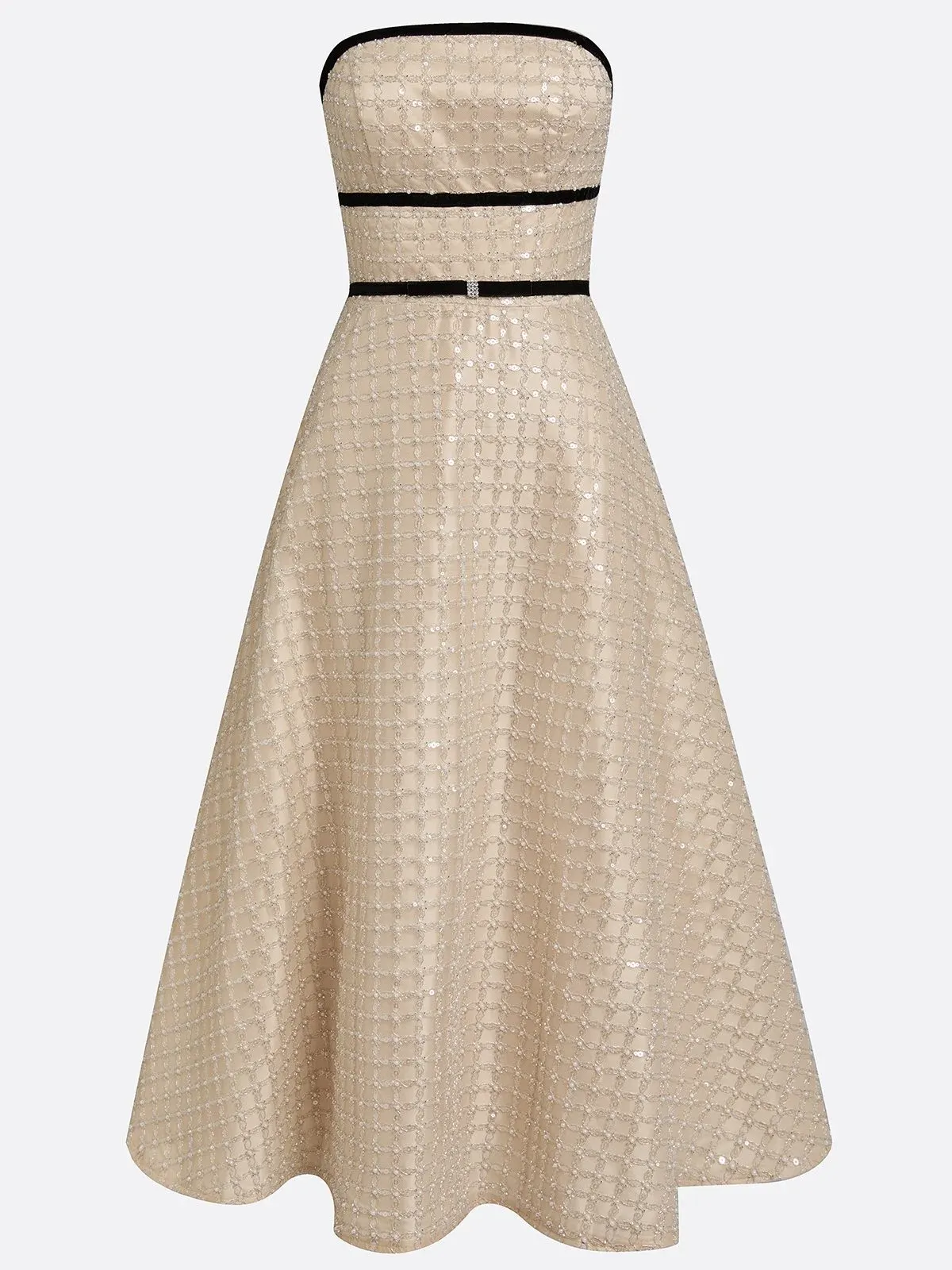 Champagne Glitter Strapless Sleeveless A-Line Midi Dress
