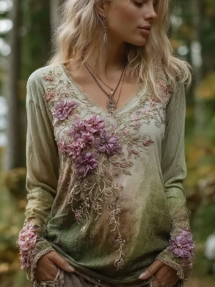 Bohemian Style Forest Style Women's V-neck Cotton And Long-sleeve T-shirt