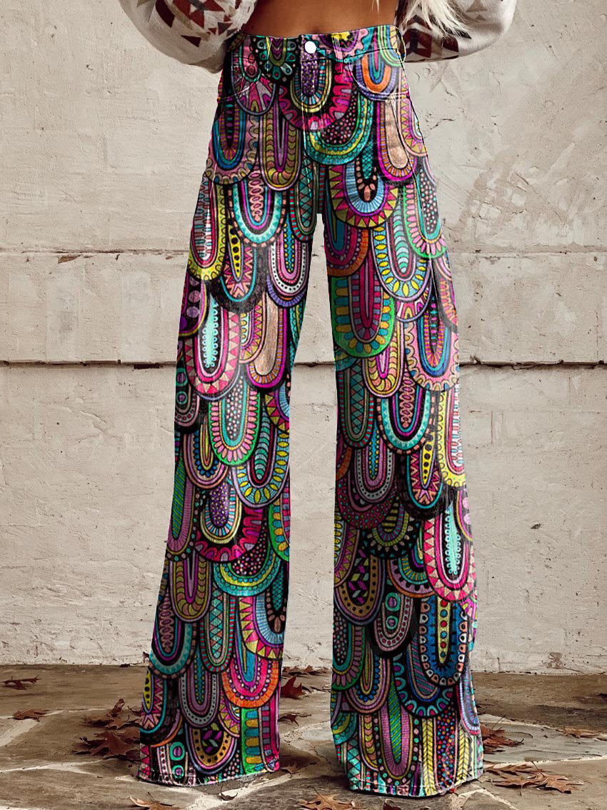 Retro Water Drop Art Print Casual Wide-Leg Pants