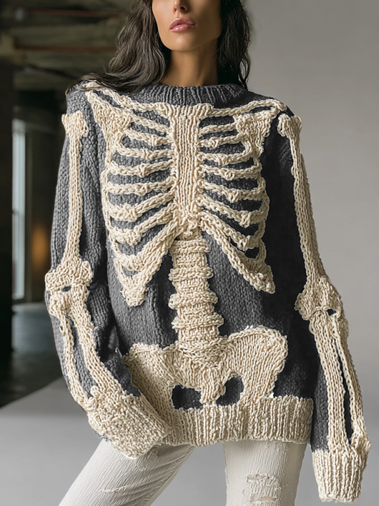 Women's Vintage Halloween Skull Embroidered Sweater