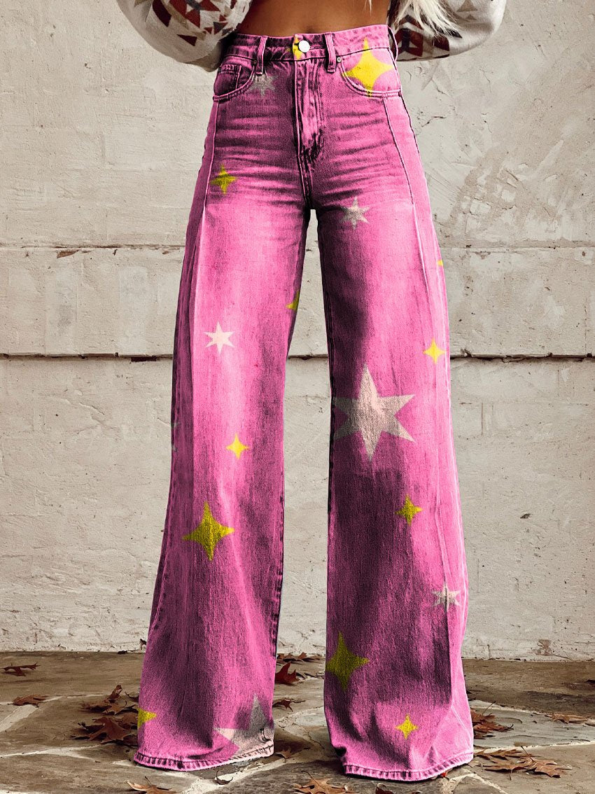 Vintage Print Casual Wide-Leg Pants