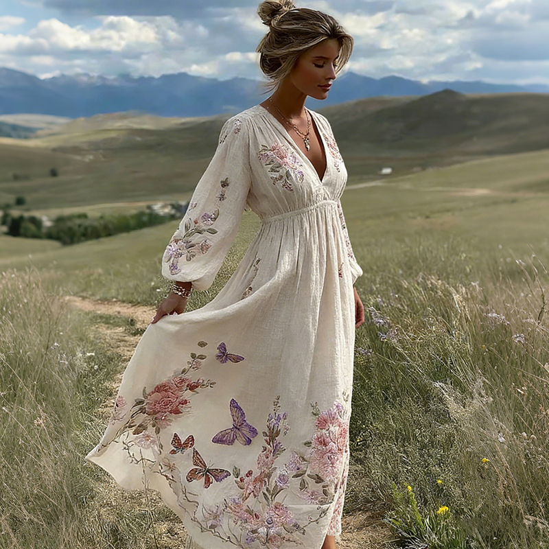 Women's Retro Bohemian Style Floral And Butterfly Comfortable V-neck Dress