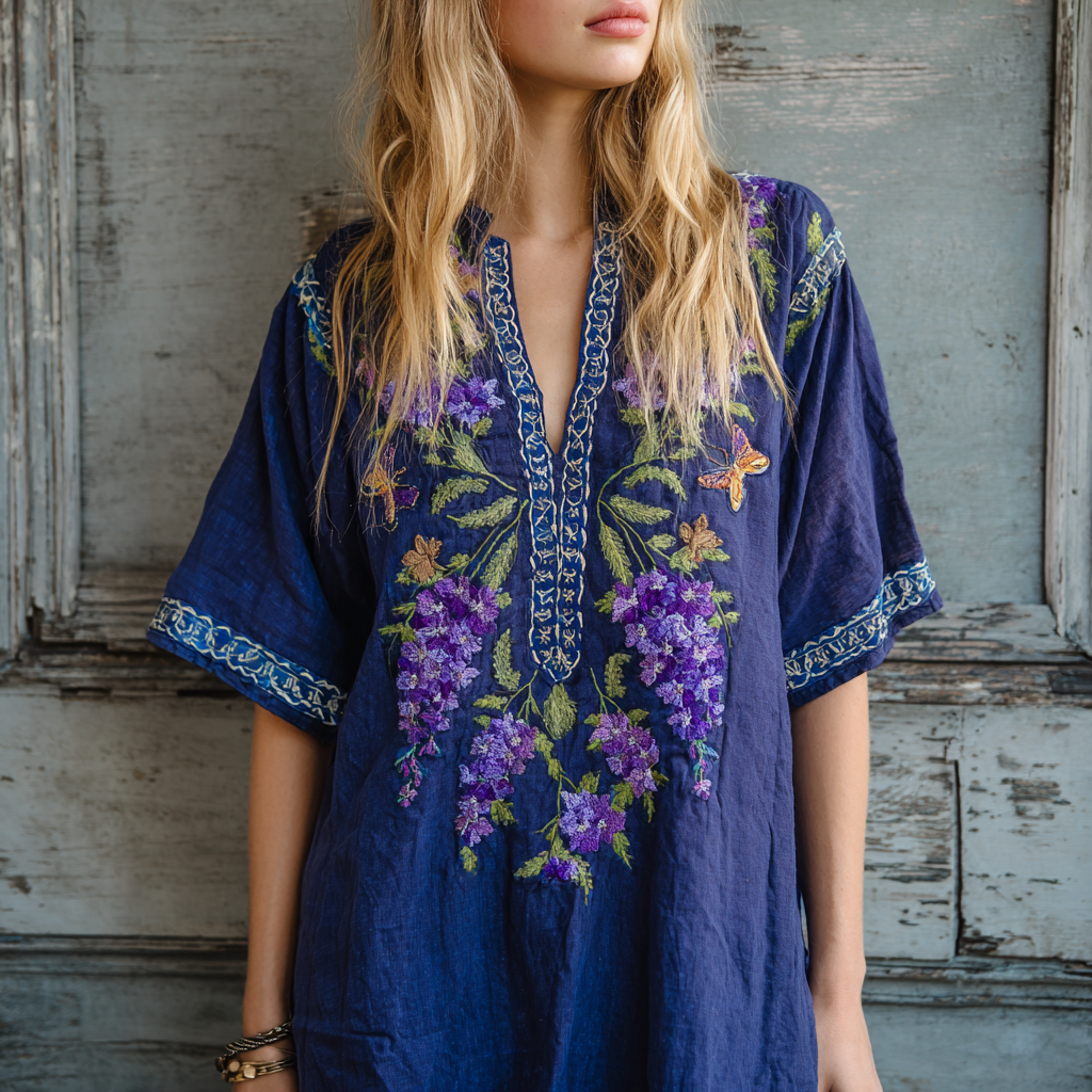 Women's Lavender Embroidery V-neck Shirt