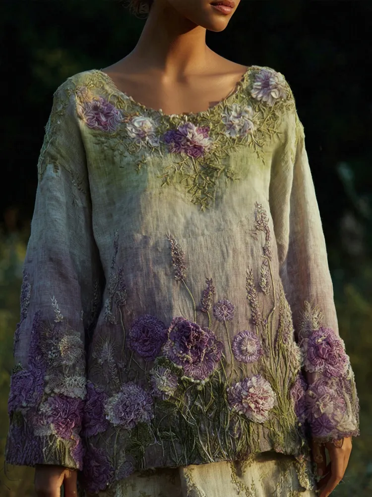Vintage Purple Flowers Embroidered Gradient Linen Tunic