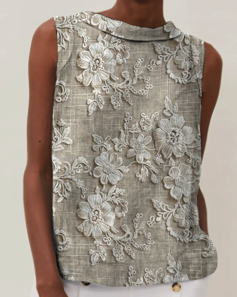 Vintage Embroidered Floral Print Cotton & Linen Crew Neck Sleeveless Top