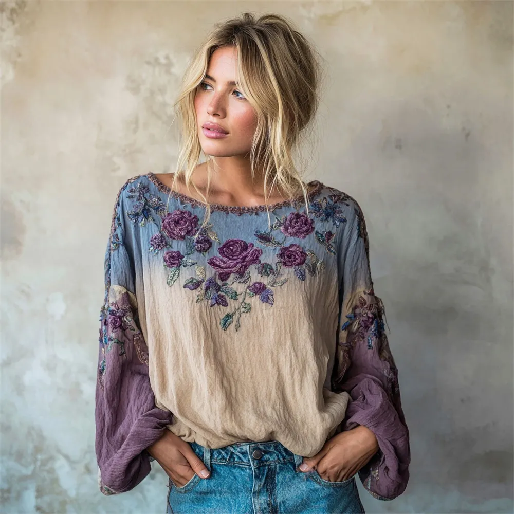 Boho Romantic Floral Embroidery Gradient Women's Linen Loose Shirt