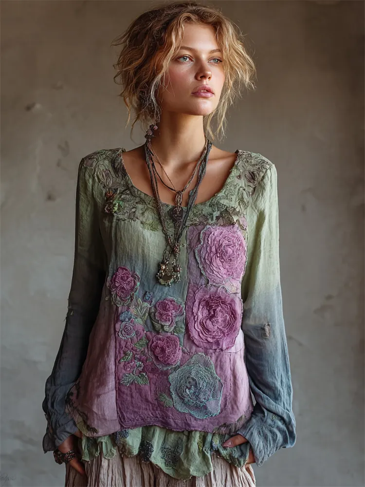 Vintage Lavender Floral Fiber Art Gradient Flowy Linen Shirt