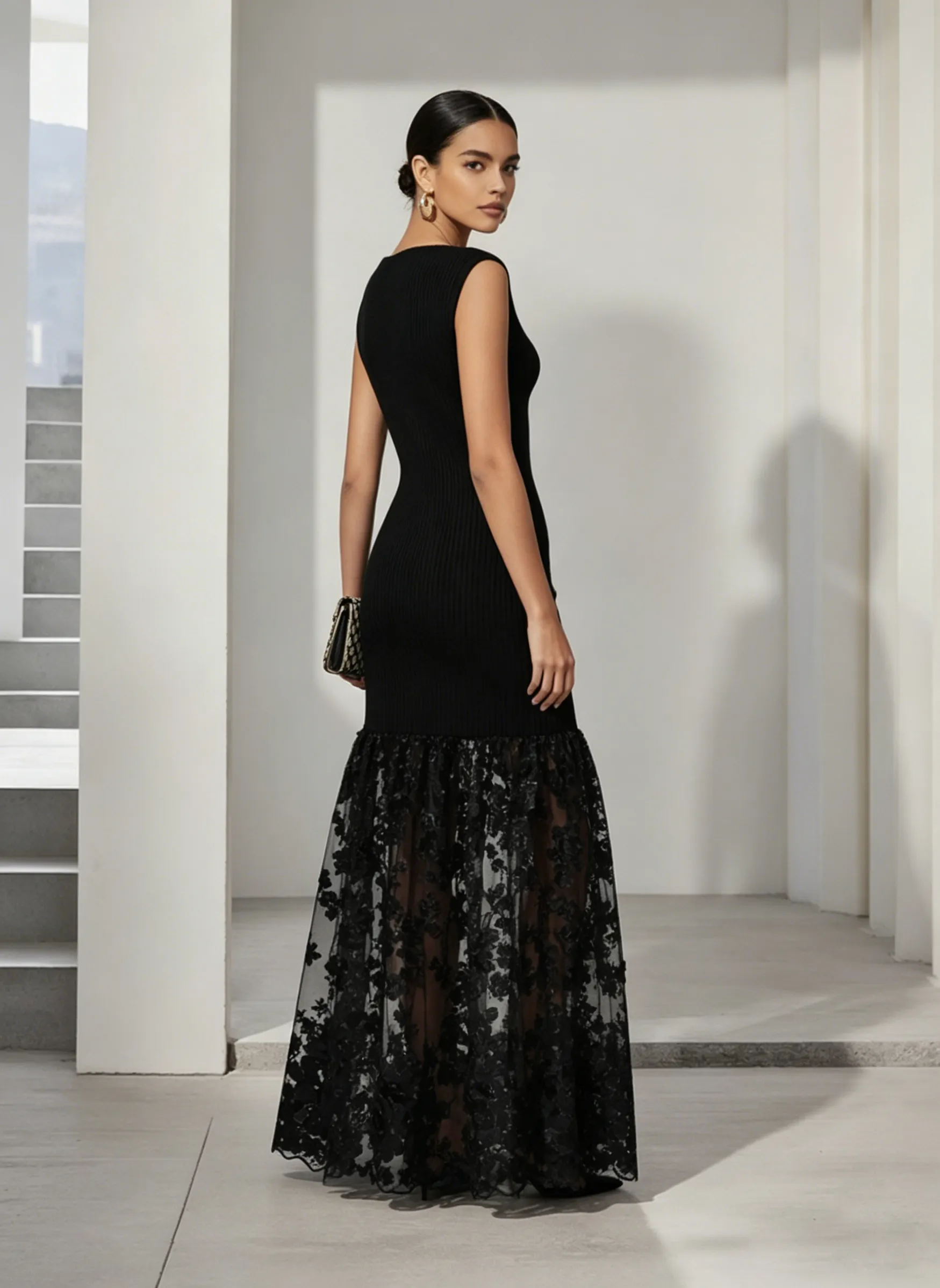 Black Lace Knit Boat Neck Sleeveless A-Line Floor-length Gown