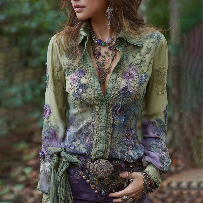 Vintage Purple Lavender And Floral Embroidered Shirt