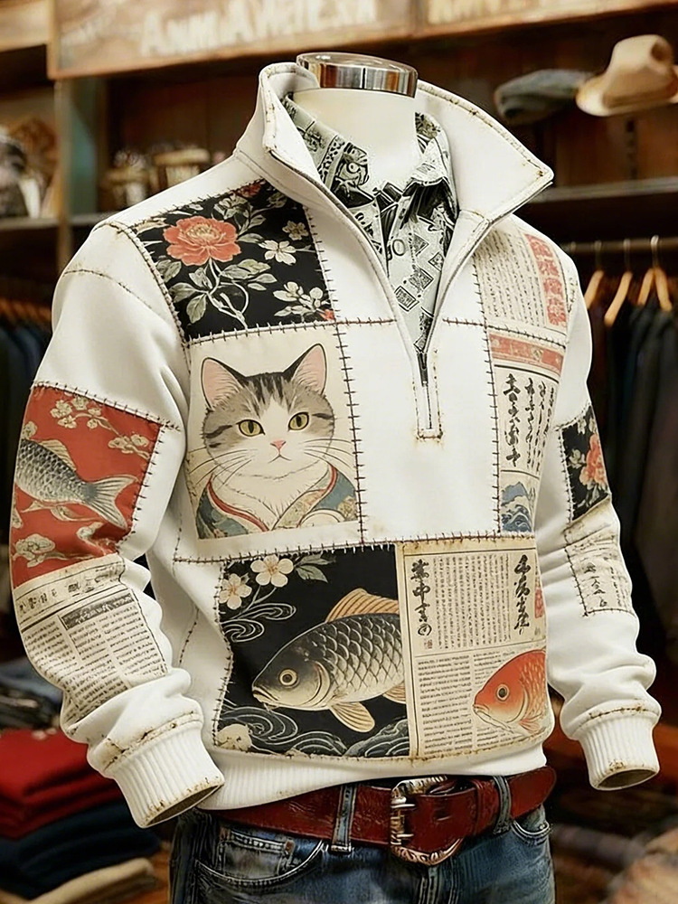 Men's Japanese Cat Print Zip-up Sweatshirt
