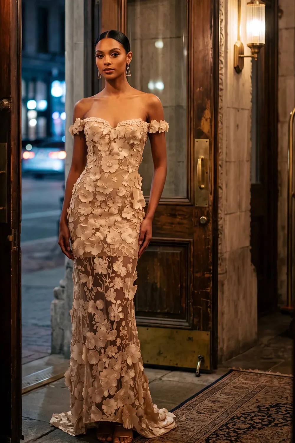 Champagne Off-Shoulder Mermaid Maxi Floral Dress