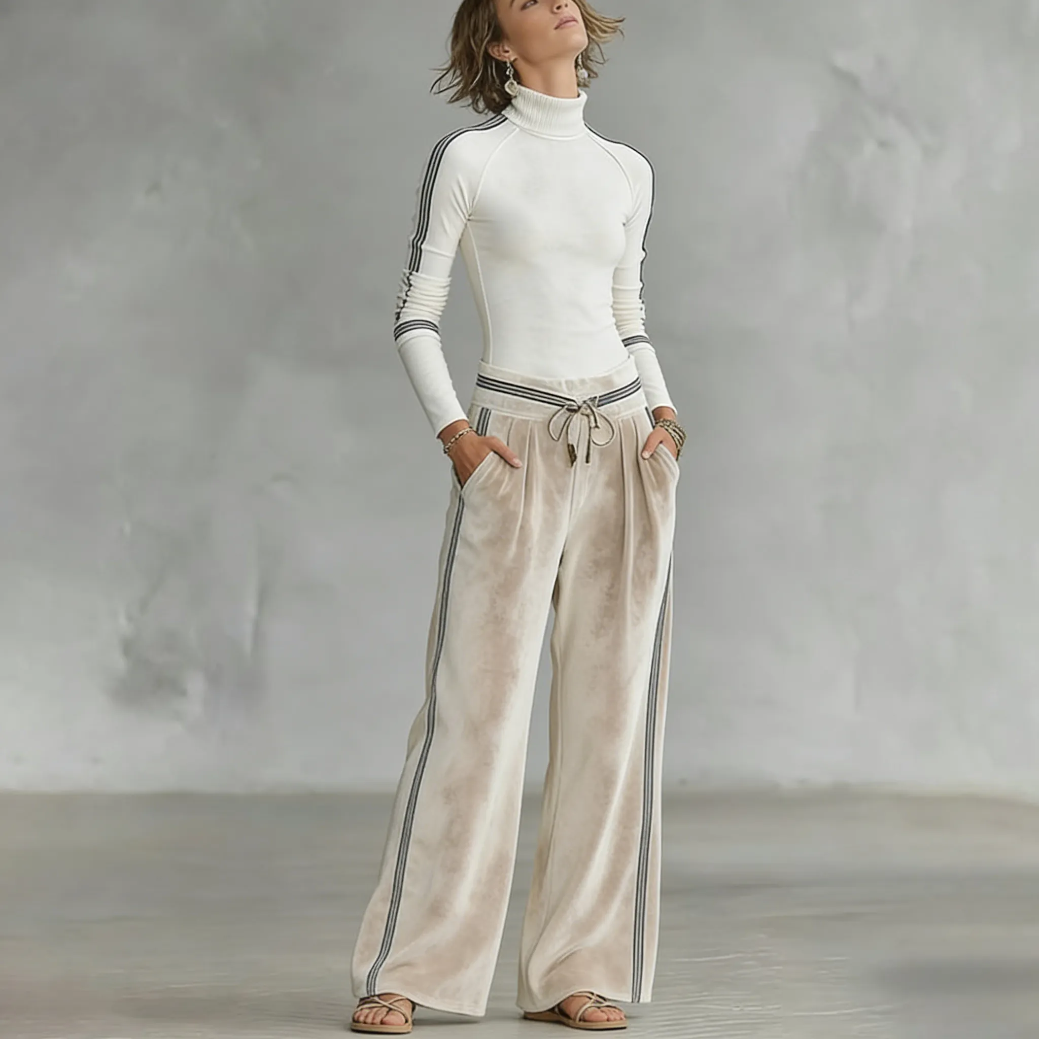 Women’s Velour Sports Co-Ord Set — Half-High-Neck Long Sleeve Top & Drawstring Wide-Leg Pants