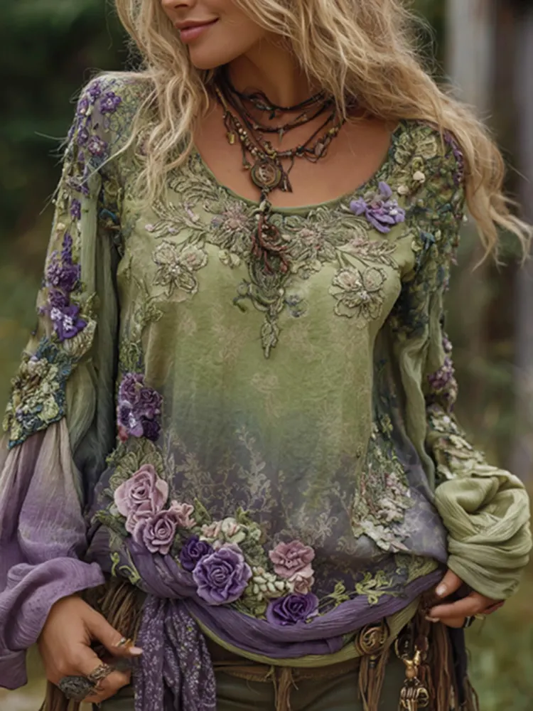 Vintage Purple Lavender And Floral Embroidered Long Sleeve Shirt