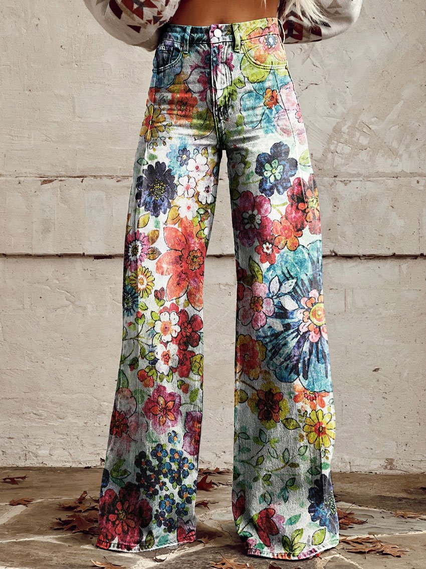 Vintage Flower Print Casual Wide-Leg Pants