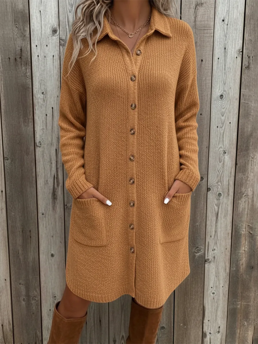 Casual Pocket Knit Midi Shirt Dress