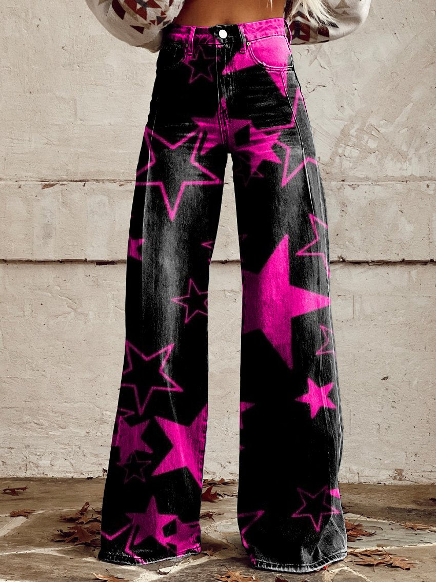 Pink Star Print Women's Print Casual Wide-Leg Pants