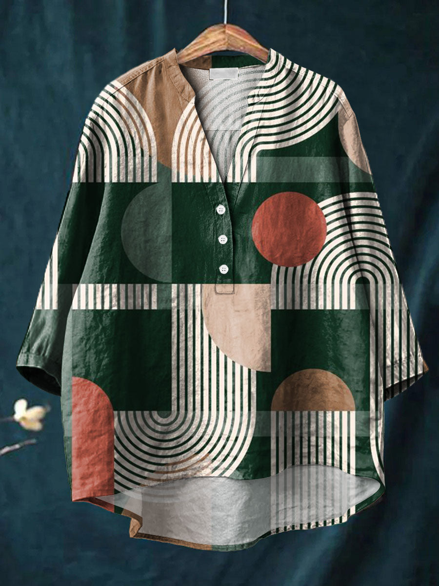 Artistic Creative Geometry Print Casual Cotton & Linen Ruffle Shirt