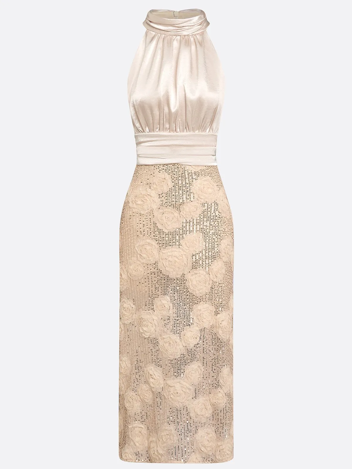 Champagne 3D Floral Glitter Classic Mock Neck Sleeveless Midi Dress