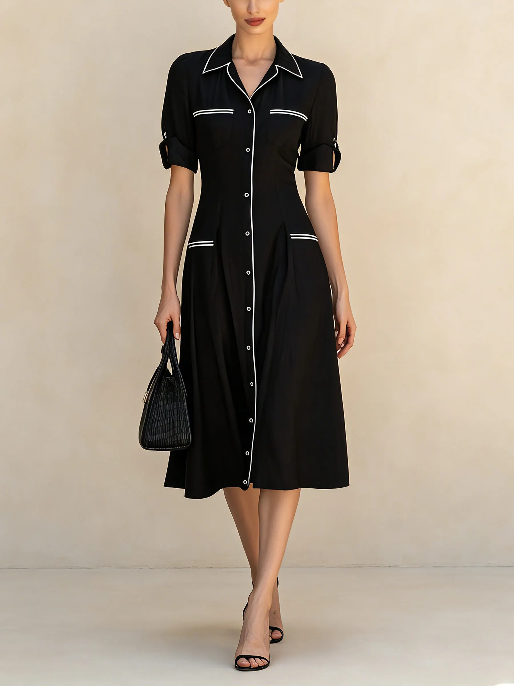 Elegant Black Shirt Dress For – Vintage Front Midi Dress With Contrast Trim And Short Sleeves
