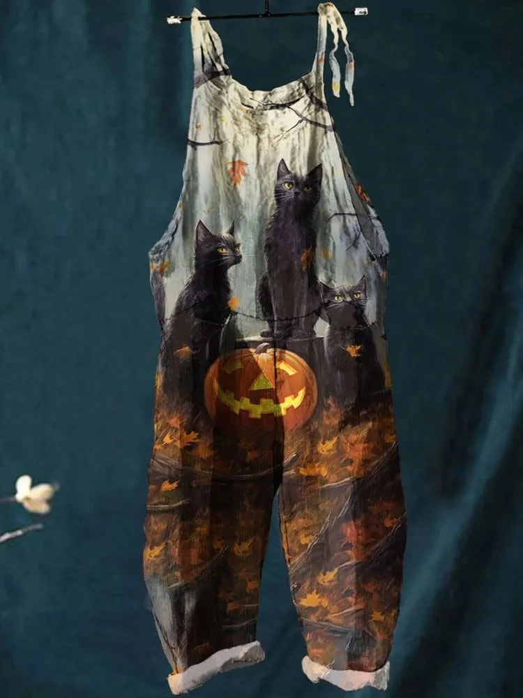 Halloween Cat Art Print Casual Wide-Leg Jumpsuit