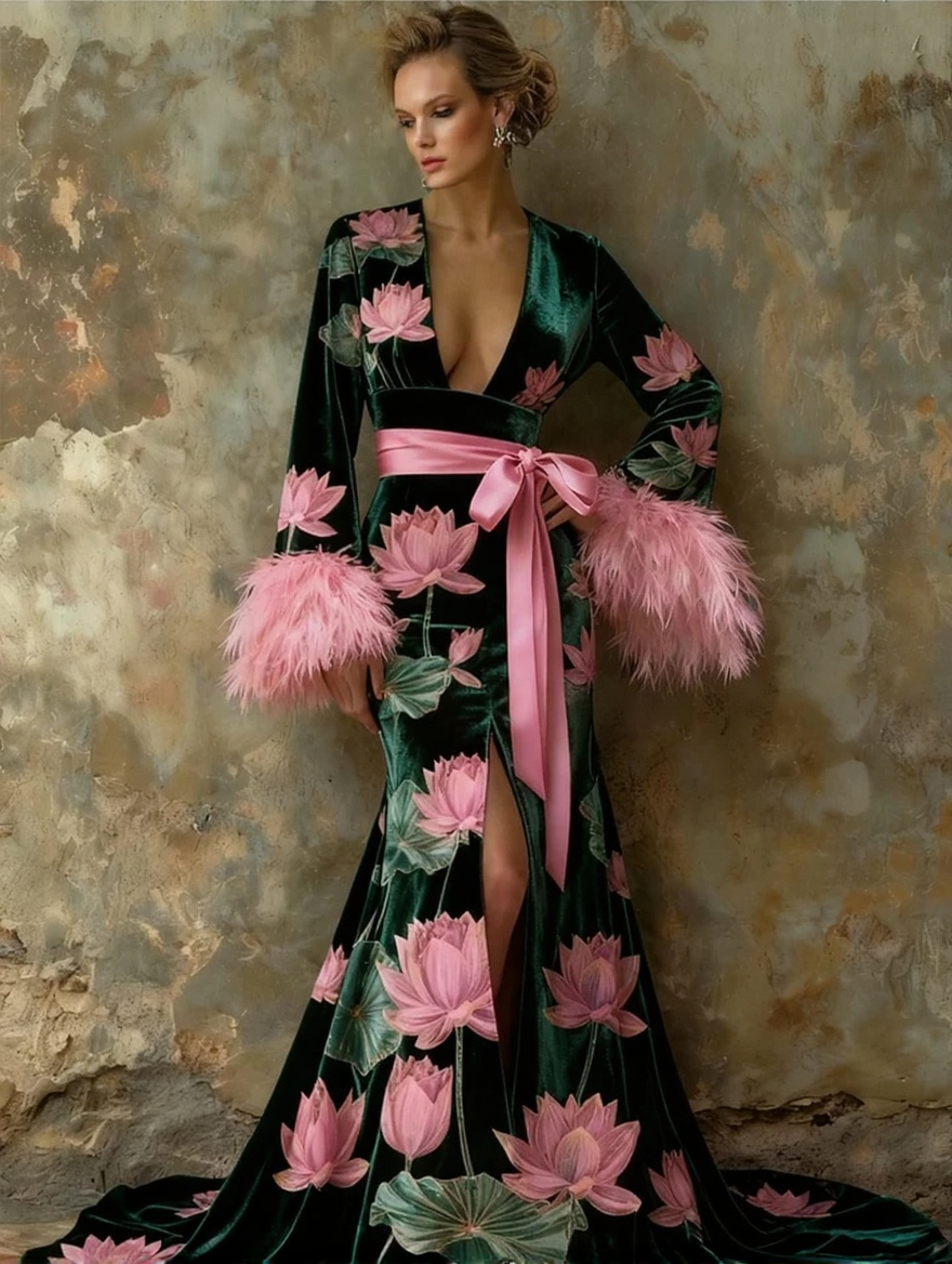 Artistic floral print plush kimono robe, autumn/winter long robe with sash.