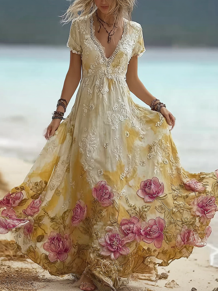 Bohemian Style Pink Rose V-neck Short-sleeved Dress