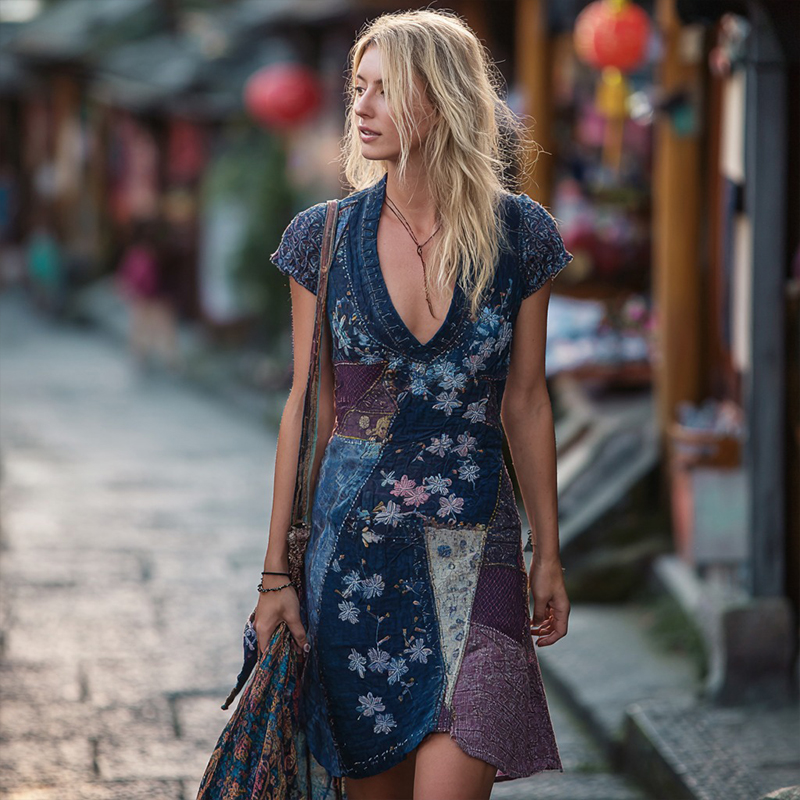 Japanese Sashiko & Floral Pattern Linen Short-sleeved Dress